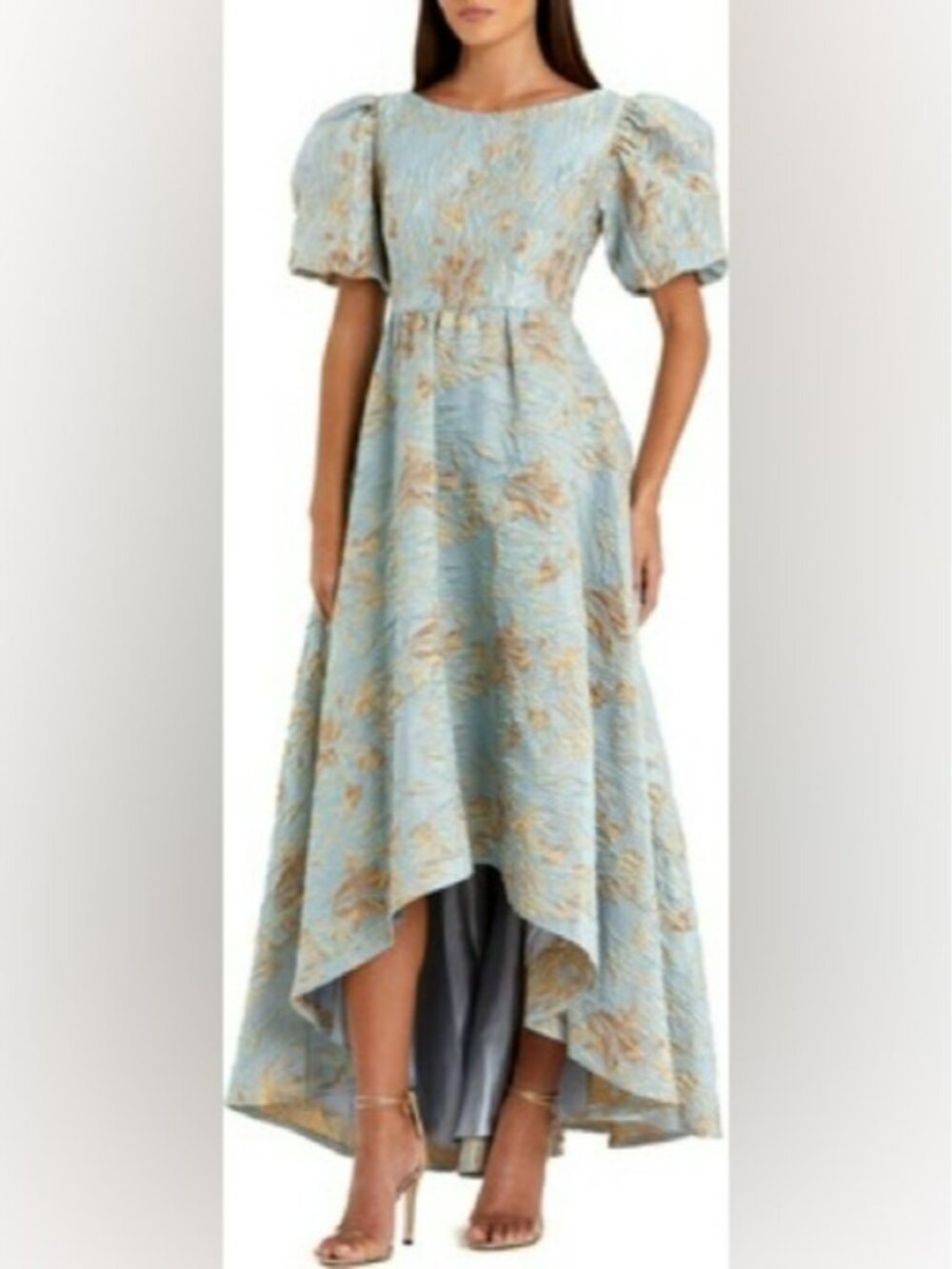 Mac Duggal Light Blue and Gold Puff-Sleeve High-Low Jacquard Gown #11608 Sz: 10 - Picture 2 of 12